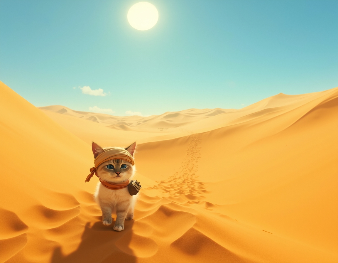 Cat crosses vast desert dunes, guided by the sun’s relentless heat and the promise of hidden oases. The scene is filled with swirling sand, vibrant skies, and an air of adventurous determination.